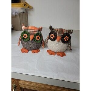 Lot Of 2 Ashland Plaid Fabric Owl Tabletop Decor 6" Fall Autum Harvest